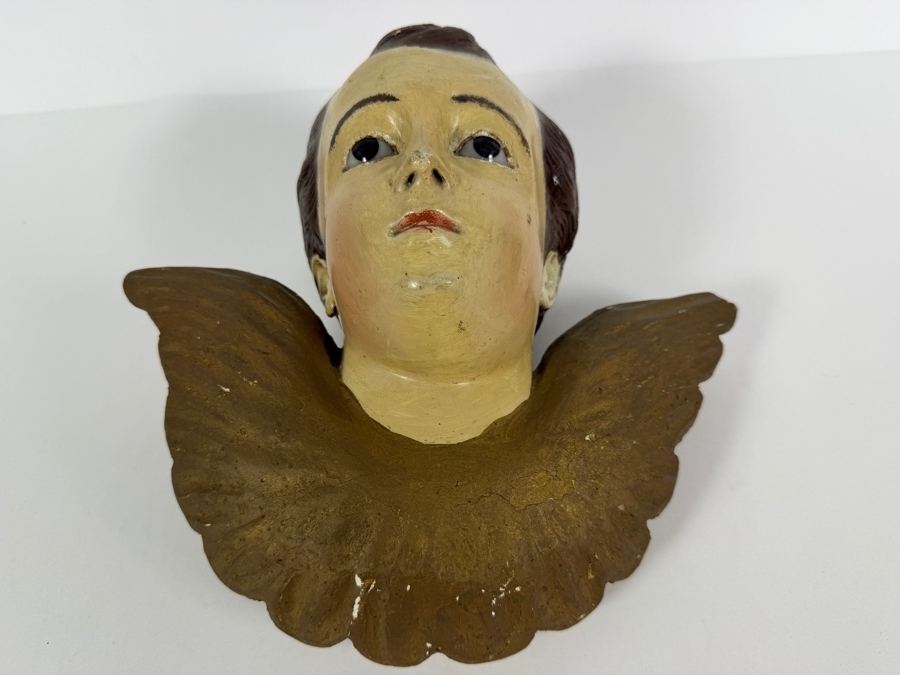 Antique Hand Carved And Hand Painted Wooden Angel Cherub Head Sculpture 11W X 10H X 5D [Photo 6]
