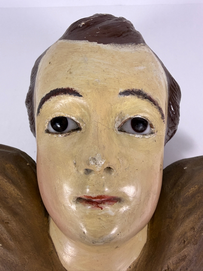 Antique Hand Carved And Hand Painted Wooden Angel Cherub Head Sculpture 11W X 10H X 5D [Photo 3]