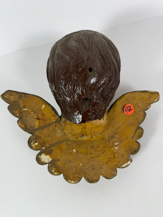Antique Hand Carved And Hand Painted Wooden Angel Cherub Head Sculpture 11W X 10H X 5D [Photo 9]