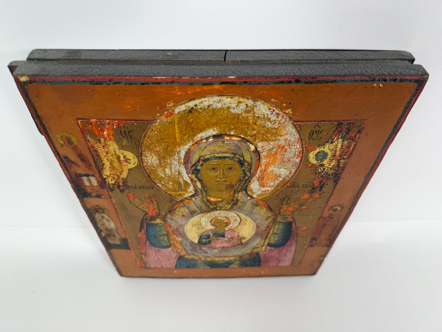 Antique Early 19th Century Hand Painted Wooden Russian Orthodox Icon Of Our Lady Of The Sign (Orans) Featuring The Virgin Mary With Open Hands In Prayer And The Christ Child Purchased From Sotheby Parke Bernet Auction House (Parke-Bernet) In 1971 10.5X12 [Photo 12]