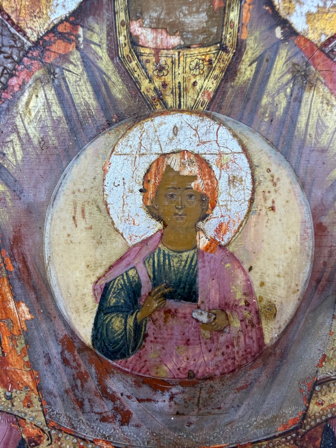 Antique Early 19th Century Hand Painted Wooden Russian Orthodox Icon Of Our Lady Of The Sign (Orans) Featuring The Virgin Mary With Open Hands In Prayer And The Christ Child Purchased From Sotheby Parke Bernet Auction House (Parke-Bernet) In 1971 10.5X12 [Photo 7]