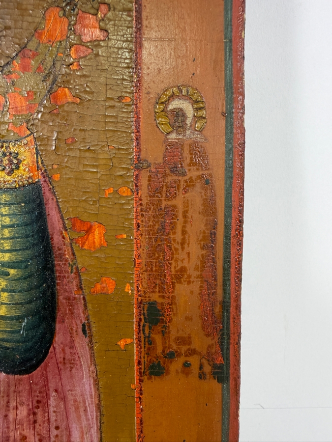 Antique Early 19th Century Hand Painted Wooden Russian Orthodox Icon Of Our Lady Of The Sign (Orans) Featuring The Virgin Mary With Open Hands In Prayer And The Christ Child Purchased From Sotheby Parke Bernet Auction House (Parke-Bernet) In 1971 10.5X12 [Photo 10]