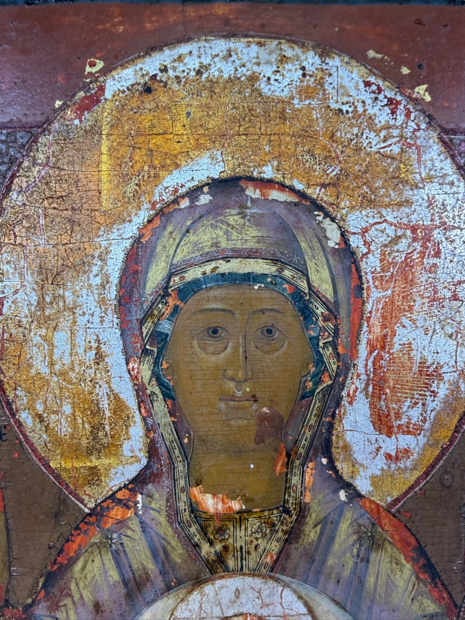 Antique Early 19th Century Hand Painted Wooden Russian Orthodox Icon Of Our Lady Of The Sign (Orans) Featuring The Virgin Mary With Open Hands In Prayer And The Christ Child Purchased From Sotheby Parke Bernet Auction House (Parke-Bernet) In 1971 10.5X12 [Photo 6]