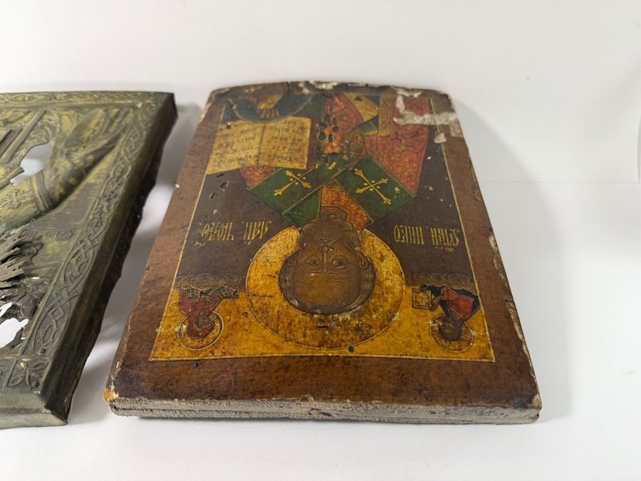 Antique First Half 19th Century Hand Painted Wooden Russian Orthodox Icon Of St. Nicholas The Miracle Worker With Christ And The Virgin Mary Covered With A Repousse Metal Rizza Purchased From Sotheby Parke Bernet Auction House In 1971 8.25 X 11 [Photo 11]