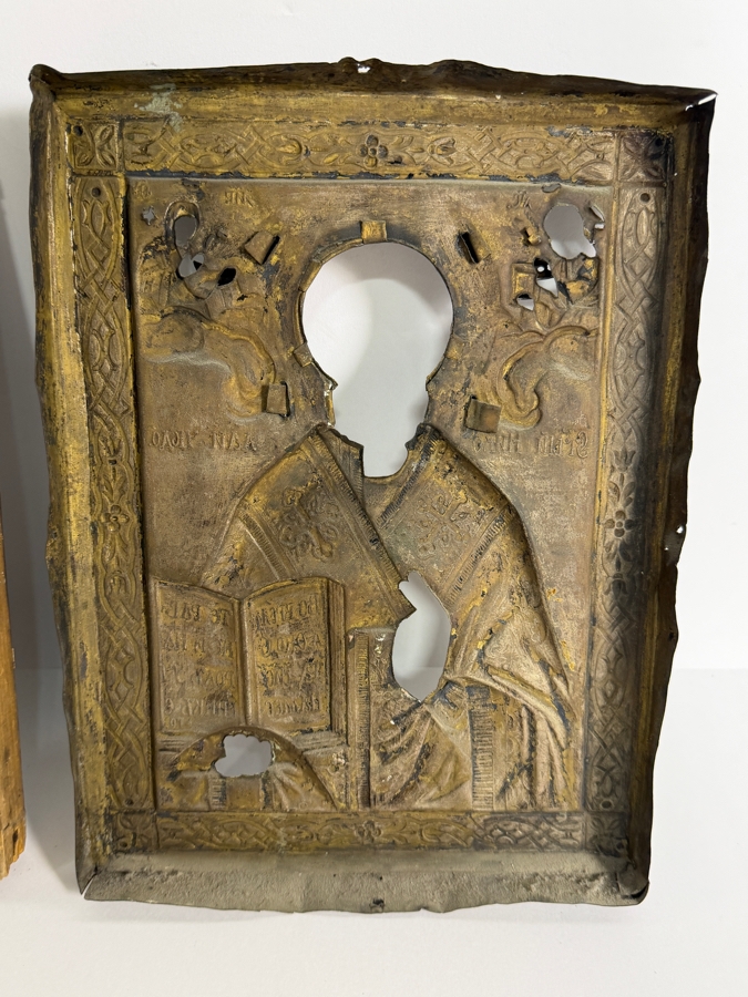 Antique First Half 19th Century Hand Painted Wooden Russian Orthodox Icon Of St. Nicholas The Miracle Worker With Christ And The Virgin Mary Covered With A Repousse Metal Rizza Purchased From Sotheby Parke Bernet Auction House In 1971 8.25 X 11 [Photo 14]