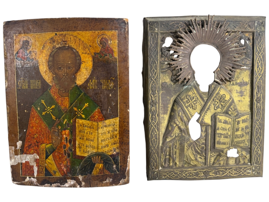 Antique First Half 19th Century Hand Painted Wooden Russian Orthodox Icon Of St. Nicholas The Miracle Worker With Christ And The Virgin Mary Covered With A Repousse Metal Rizza Purchased From Sotheby Parke Bernet Auction House In 1971 8.25 X 11