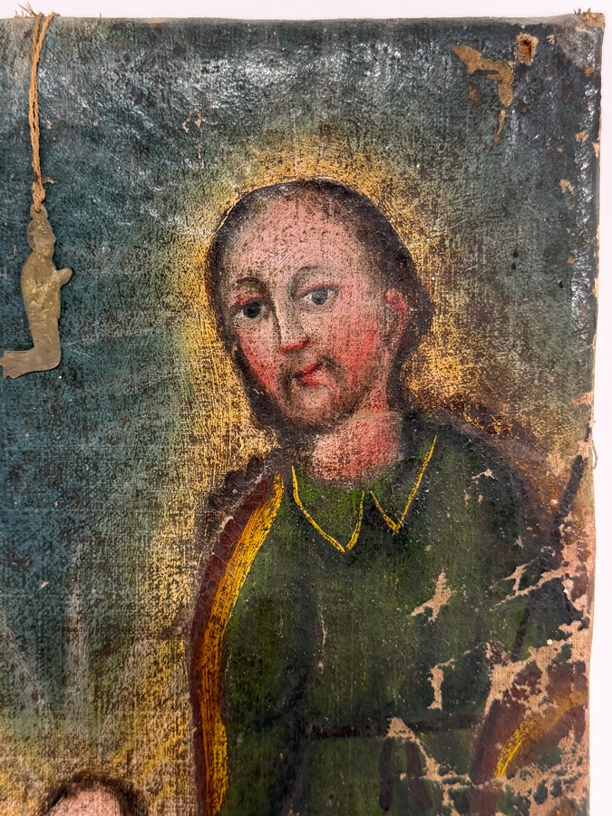 Antique 19th Century Original Mexican Retablo Painting On Canvas Depicting The Holy Family (Jesus, Mary And Joseph) 10 X 12.5 [Photo 6]