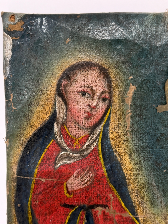 Antique 19th Century Original Mexican Retablo Painting On Canvas Depicting The Holy Family (Jesus, Mary And Joseph) 10 X 12.5 [Photo 7]
