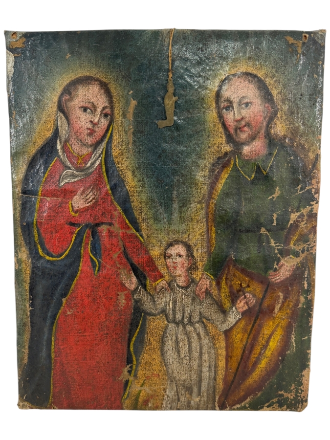 Antique 19th Century Original Mexican Retablo Painting On Canvas Depicting The Holy Family (Jesus, Mary And Joseph) 10 X 12.5