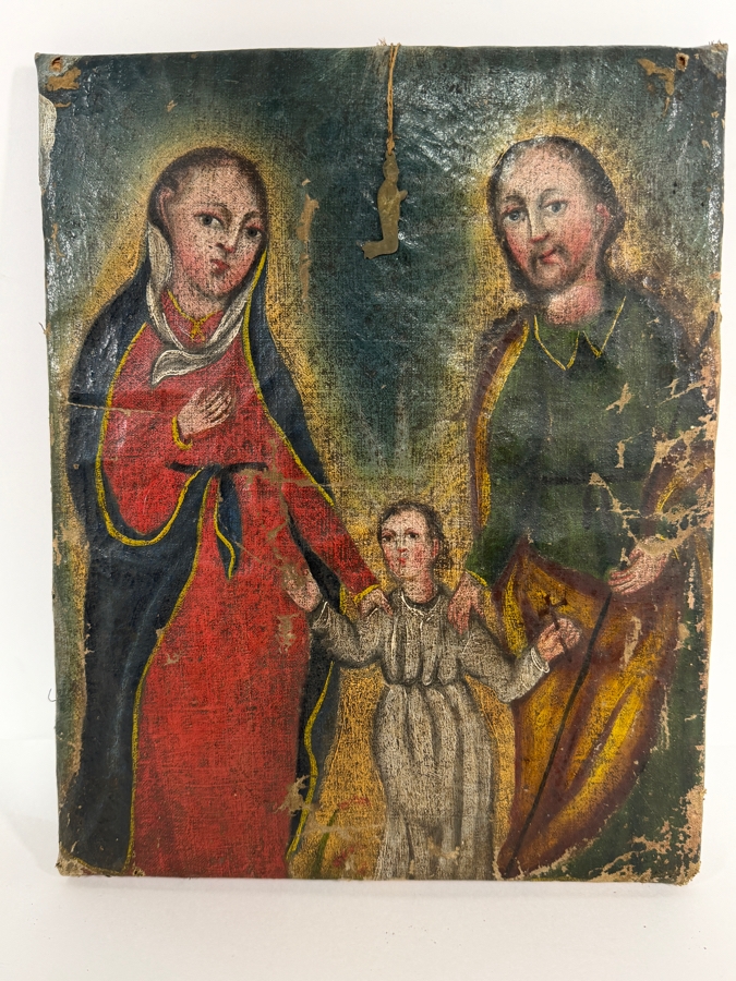 Antique 19th Century Original Mexican Retablo Painting On Canvas Depicting The Holy Family (Jesus, Mary And Joseph) 10 X 12.5 [Photo 2]