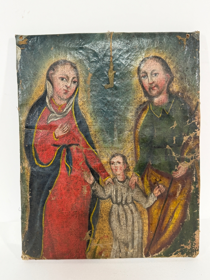 Antique 19th Century Original Mexican Retablo Painting On Canvas Depicting The Holy Family (Jesus, Mary And Joseph) 10 X 12.5 [Photo 3]