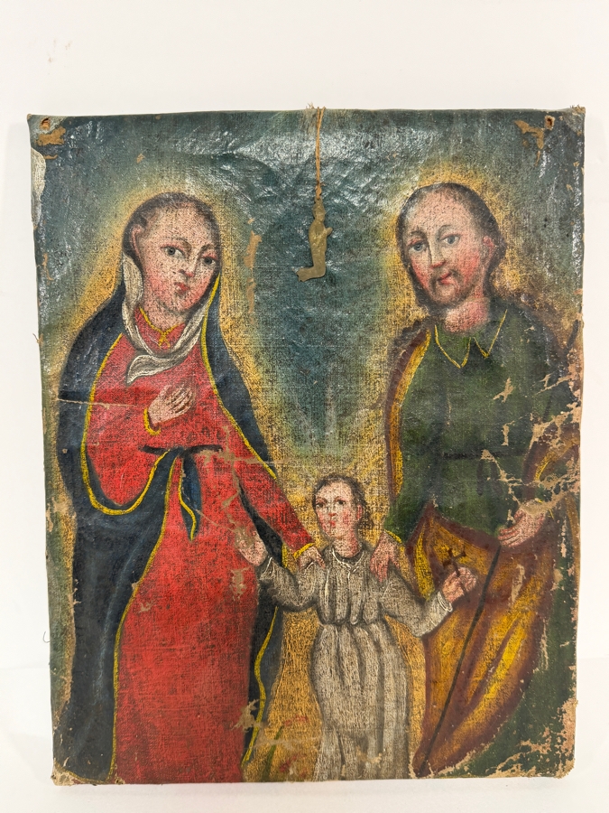 Antique 19th Century Original Mexican Retablo Painting On Canvas Depicting The Holy Family (Jesus, Mary And Joseph) 10 X 12.5 [Photo 4]