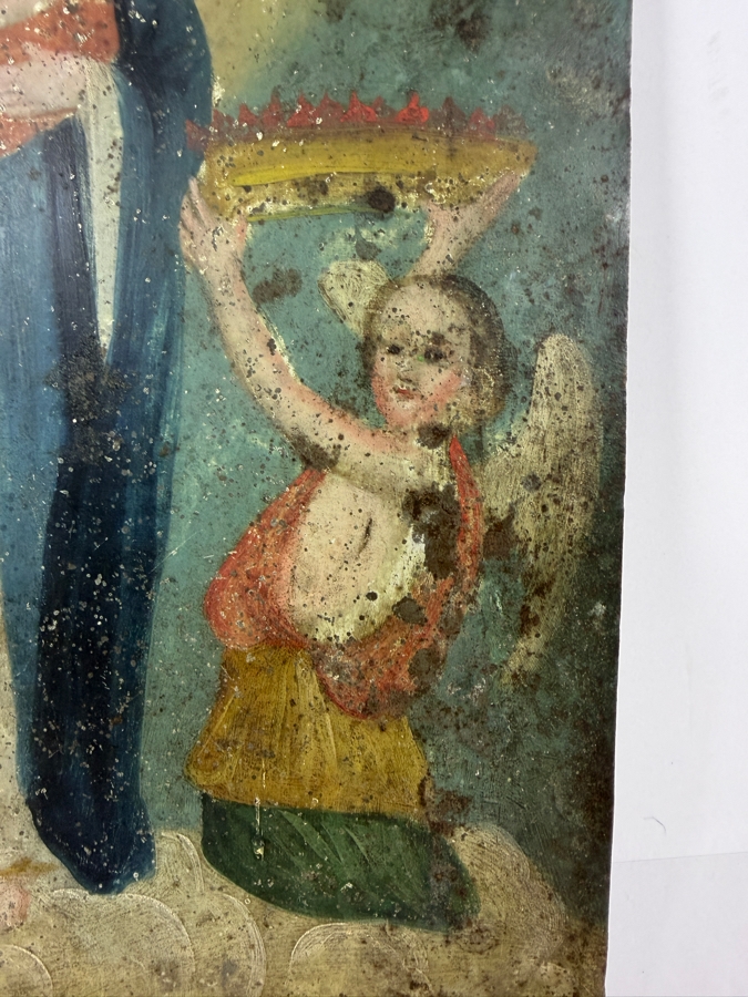 Antique 19th Century Original Mexican Retablo Painting On Tin Depicting Our Lady Of Light, The Virgin Mary Holding The Christ Child While Saving A Soul From Purgatory With An Angel 10 X 14.25 [Photo 5]