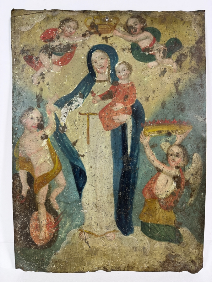 Antique 19th Century Original Mexican Retablo Painting On Tin Depicting Our Lady Of Light, The Virgin Mary Holding The Christ Child While Saving A Soul From Purgatory With An Angel 10 X 14.25 [Photo 2]