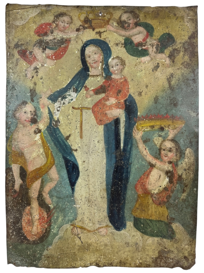 Antique 19th Century Original Mexican Retablo Painting On Tin Depicting Our Lady Of Light, The Virgin Mary Holding The Christ Child While Saving A Soul From Purgatory With An Angel 10 X 14.25
