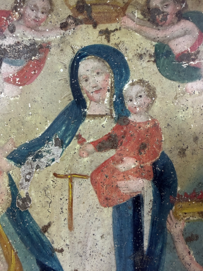 Antique 19th Century Original Mexican Retablo Painting On Tin Depicting Our Lady Of Light, The Virgin Mary Holding The Christ Child While Saving A Soul From Purgatory With An Angel 10 X 14.25 [Photo 3]