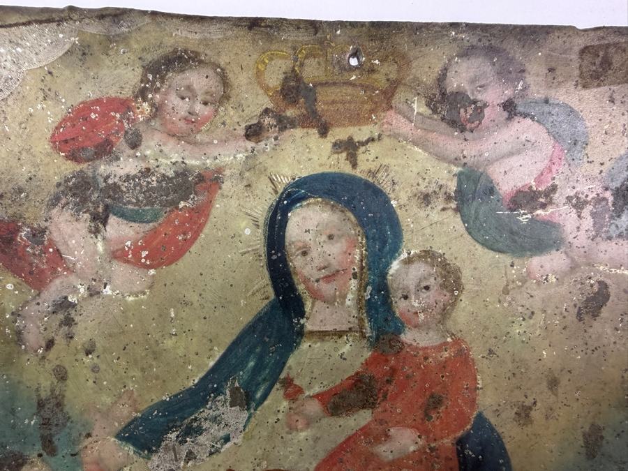 Antique 19th Century Original Mexican Retablo Painting On Tin Depicting Our Lady Of Light, The Virgin Mary Holding The Christ Child While Saving A Soul From Purgatory With An Angel 10 X 14.25 [Photo 4]