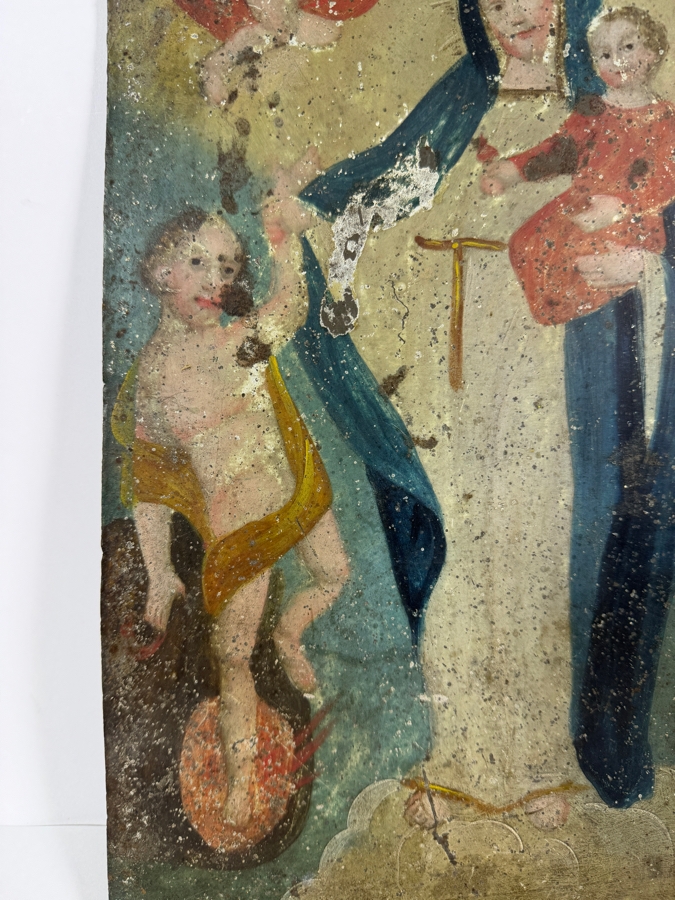 Antique 19th Century Original Mexican Retablo Painting On Tin Depicting Our Lady Of Light, The Virgin Mary Holding The Christ Child While Saving A Soul From Purgatory With An Angel 10 X 14.25 [Photo 6]