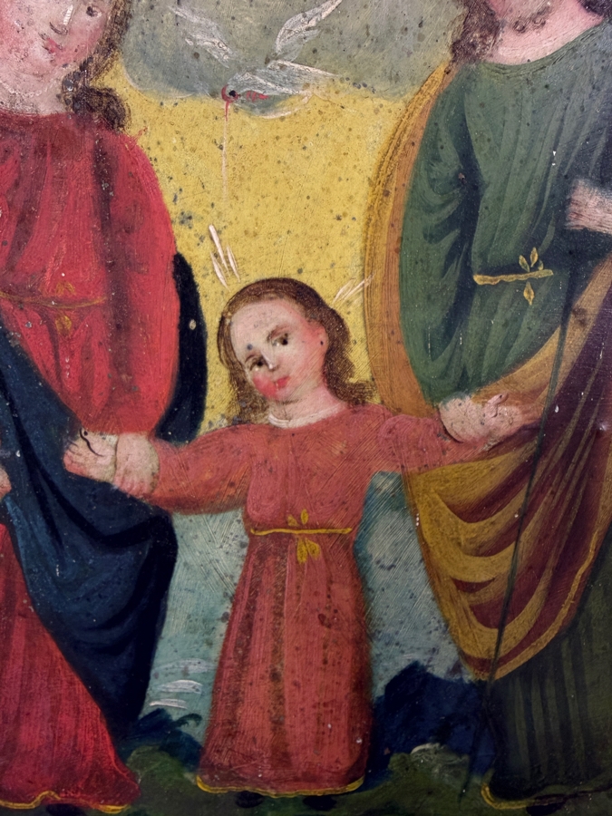 Antique 19th Century Original Mexican Retablo Painting On Tin Depicting The Holy Family Featuring Jesus With Mary And Joseph Beneath A Dove Representing The Holy Spirit And God The Father 7 X 9.25 Framed 10 X 12.75 [Photo 3]