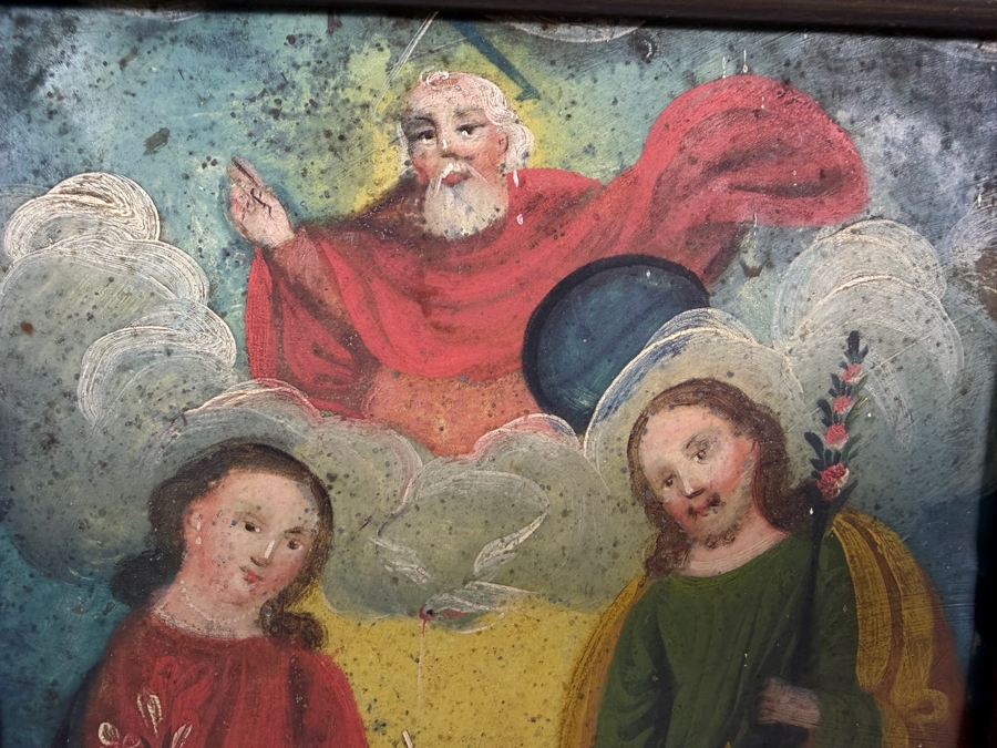 Antique 19th Century Original Mexican Retablo Painting On Tin Depicting The Holy Family Featuring Jesus With Mary And Joseph Beneath A Dove Representing The Holy Spirit And God The Father 7 X 9.25 Framed 10 X 12.75 [Photo 6]