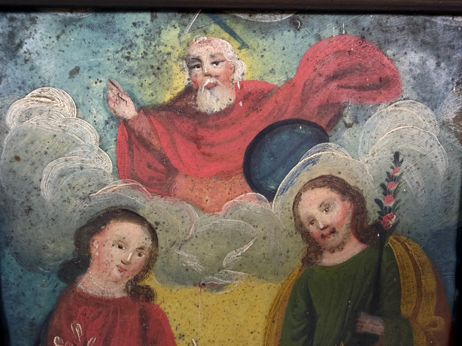 Antique 19th Century Original Mexican Retablo Painting On Tin Depicting The Holy Family Featuring Jesus With Mary And Joseph Beneath A Dove Representing The Holy Spirit And God The Father 7 X 9.25 Framed 10 X 12.75 [Photo 7]