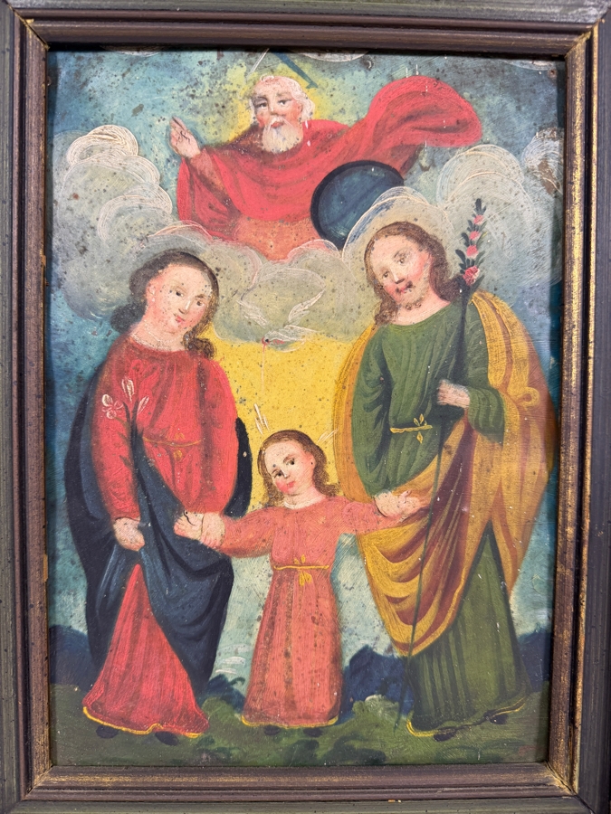 Antique 19th Century Original Mexican Retablo Painting On Tin Depicting The Holy Family Featuring Jesus With Mary And Joseph Beneath A Dove Representing The Holy Spirit And God The Father 7 X 9.25 Framed 10 X 12.75 [Photo 2]