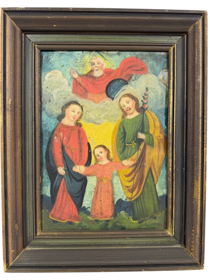 Antique 19th Century Original Mexican Retablo Painting On Tin Depicting The Holy Family Featuring Jesus With Mary And Joseph Beneath A Dove Representing The Holy Spirit And God The Father 7 X 9.25 Framed 10 X 12.75