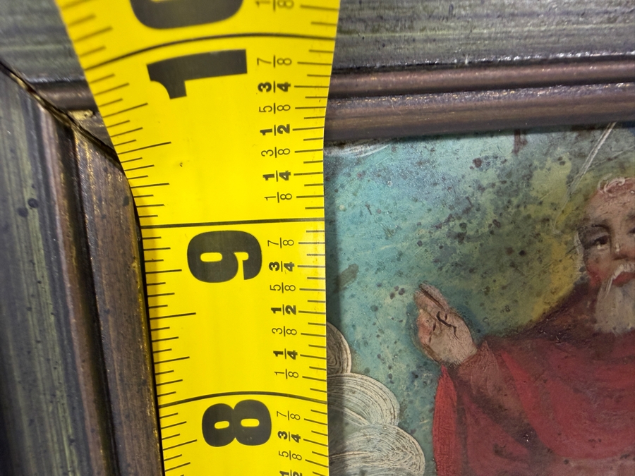 Antique 19th Century Original Mexican Retablo Painting On Tin Depicting The Holy Family Featuring Jesus With Mary And Joseph Beneath A Dove Representing The Holy Spirit And God The Father 7 X 9.25 Framed 10 X 12.75 [Photo 9]