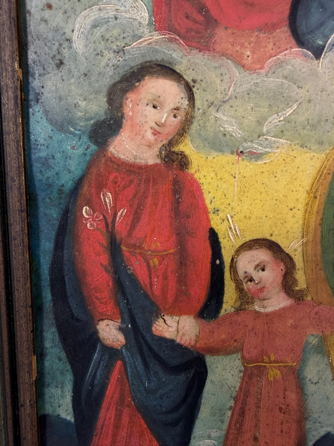 Antique 19th Century Original Mexican Retablo Painting On Tin Depicting The Holy Family Featuring Jesus With Mary And Joseph Beneath A Dove Representing The Holy Spirit And God The Father 7 X 9.25 Framed 10 X 12.75 [Photo 5]