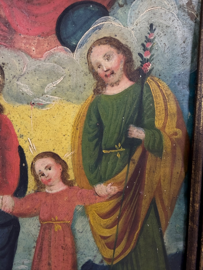 Antique 19th Century Original Mexican Retablo Painting On Tin Depicting The Holy Family Featuring Jesus With Mary And Joseph Beneath A Dove Representing The Holy Spirit And God The Father 7 X 9.25 Framed 10 X 12.75 [Photo 4]