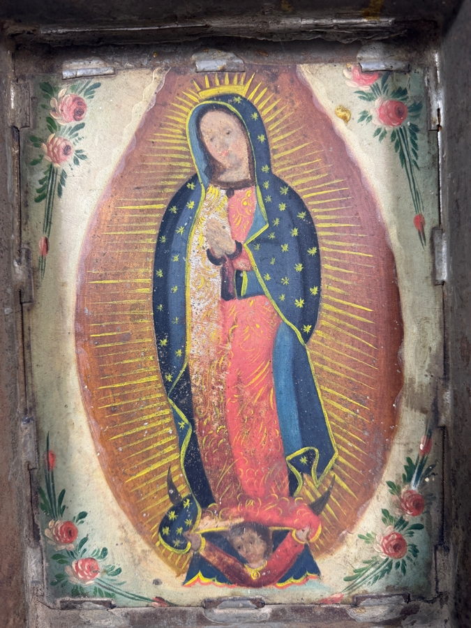 Antique Original Mexican Retablo Painting On Tin Depicting Our Lady Of Guadalupe, The Virgin Mary Standing On A Crescent Moon Held By An Angel 7 X 10 Framed 12.5 X 13 [Photo 2]