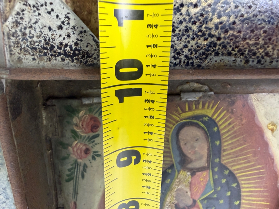 Antique Original Mexican Retablo Painting On Tin Depicting Our Lady Of Guadalupe, The Virgin Mary Standing On A Crescent Moon Held By An Angel 7 X 10 Framed 12.5 X 13 [Photo 9]