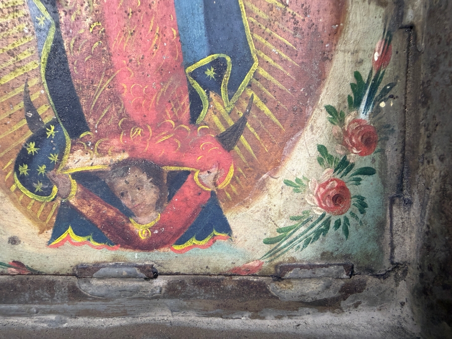 Antique Original Mexican Retablo Painting On Tin Depicting Our Lady Of Guadalupe, The Virgin Mary Standing On A Crescent Moon Held By An Angel 7 X 10 Framed 12.5 X 13 [Photo 7]