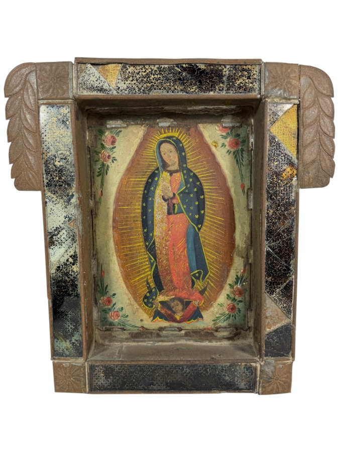 Antique Original Mexican Retablo Painting On Tin Depicting Our Lady Of Guadalupe, The Virgin Mary Standing On A Crescent Moon Held By An Angel 7 X 10 Framed 12.5 X 13