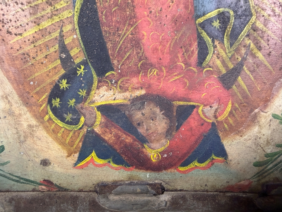 Antique Original Mexican Retablo Painting On Tin Depicting Our Lady Of Guadalupe, The Virgin Mary Standing On A Crescent Moon Held By An Angel 7 X 10 Framed 12.5 X 13 [Photo 6]