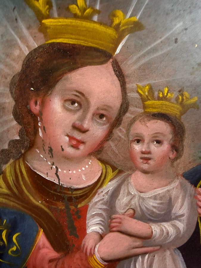 Antique 19th Century Original Mexican Retablo Painting On Tin Depicting Our Lady Of Refuge, The Virgin Mary Holding The Christ Child Amidst Clouds 7 X 10 Framed 10 X 16.5 [Photo 5]