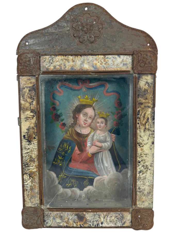 Antique 19th Century Original Mexican Retablo Painting On Tin Depicting Our Lady Of Refuge, The Virgin Mary Holding The Christ Child Amidst Clouds 7 X 10 Framed 10 X 16.5