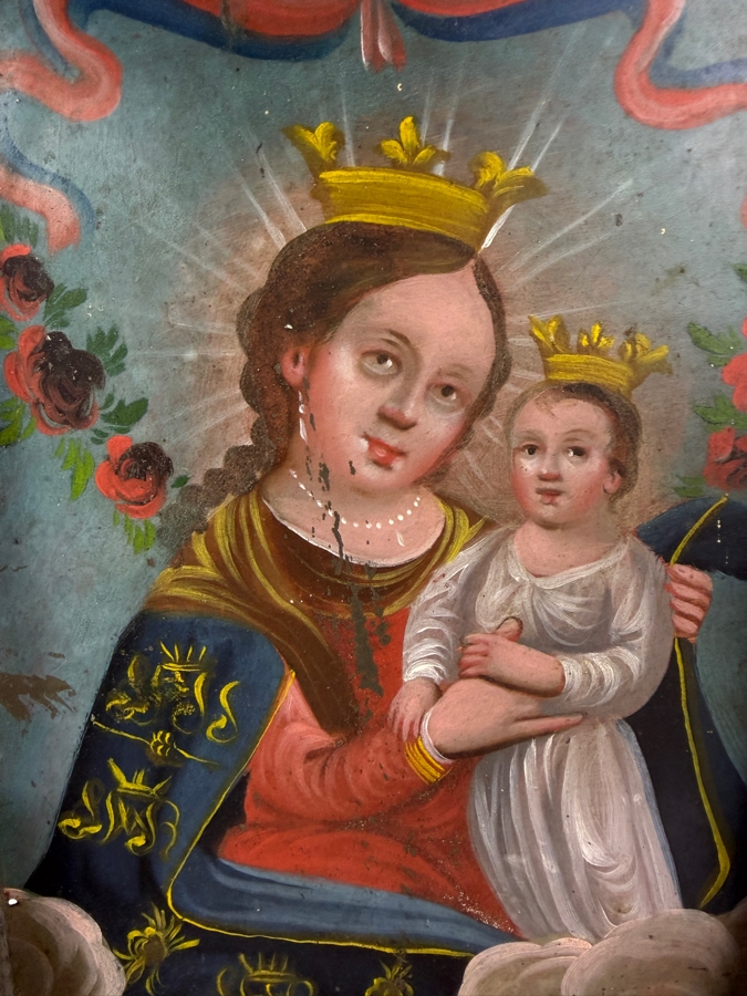 Antique 19th Century Original Mexican Retablo Painting On Tin Depicting Our Lady Of Refuge, The Virgin Mary Holding The Christ Child Amidst Clouds 7 X 10 Framed 10 X 16.5 [Photo 4]