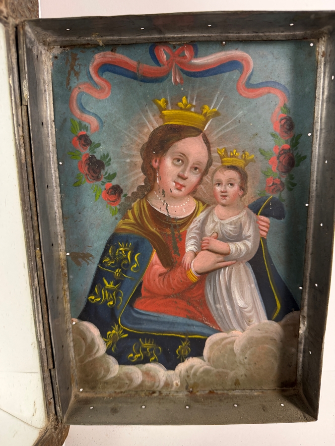 Antique 19th Century Original Mexican Retablo Painting On Tin Depicting Our Lady Of Refuge, The Virgin Mary Holding The Christ Child Amidst Clouds 7 X 10 Framed 10 X 16.5 [Photo 2]