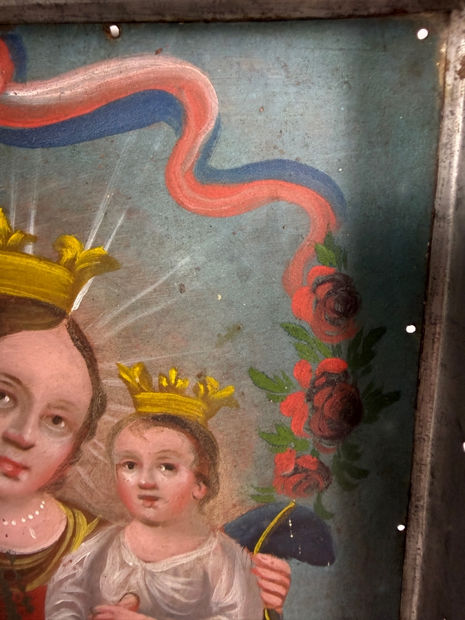 Antique 19th Century Original Mexican Retablo Painting On Tin Depicting Our Lady Of Refuge, The Virgin Mary Holding The Christ Child Amidst Clouds 7 X 10 Framed 10 X 16.5 [Photo 6]