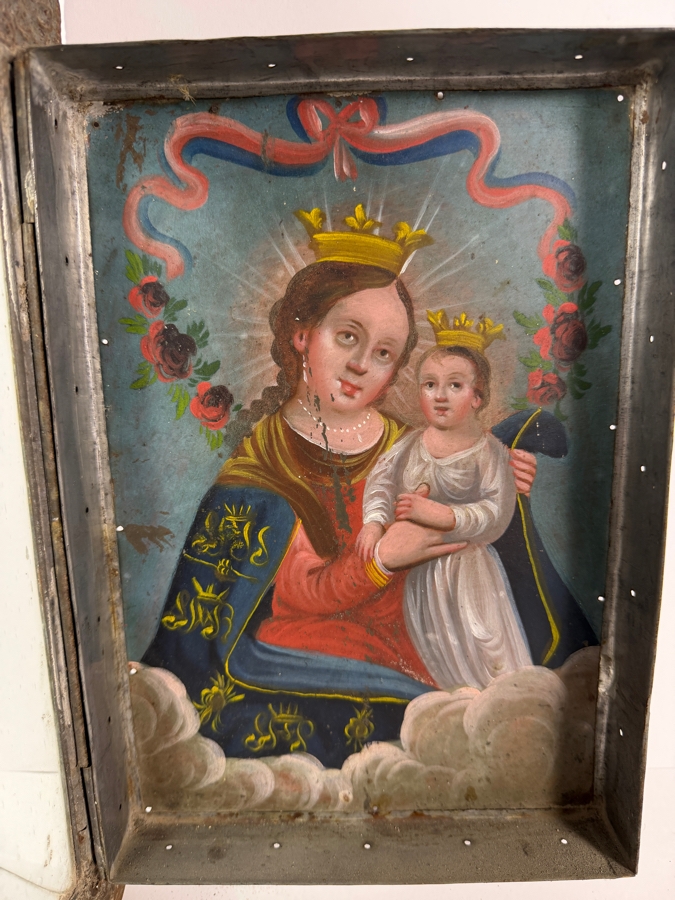 Antique 19th Century Original Mexican Retablo Painting On Tin Depicting Our Lady Of Refuge, The Virgin Mary Holding The Christ Child Amidst Clouds 7 X 10 Framed 10 X 16.5 [Photo 3]