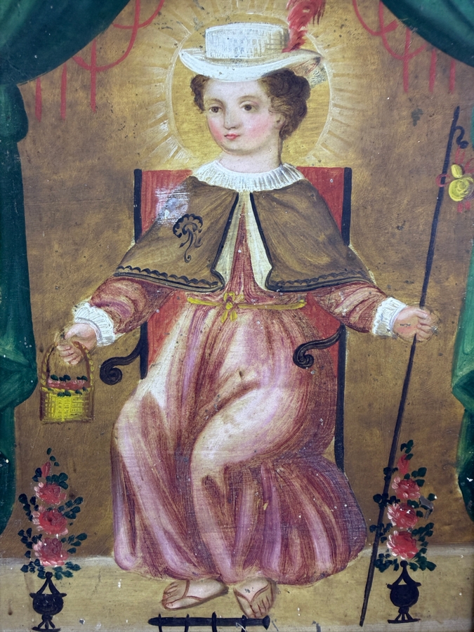 Antique Original Mexican Retablo Painting On Tin Depicting The Holy Child Of Atocha, The Christ Child 6.75 X 9.75 Framed 8 X 11.75 [Photo 4]