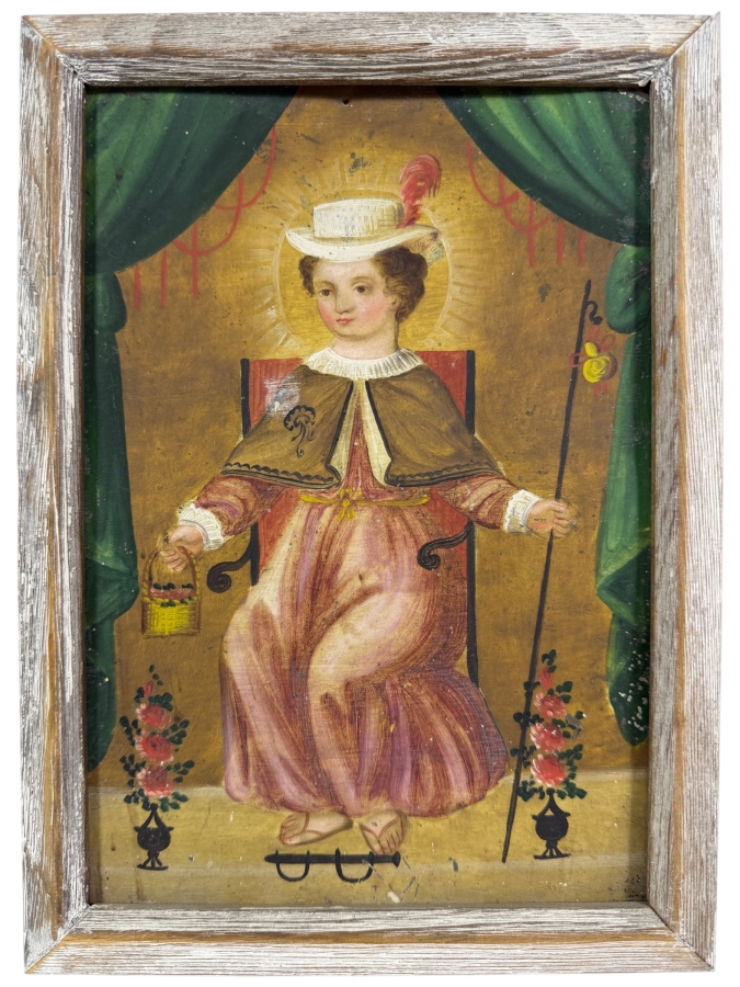 Antique Original Mexican Retablo Painting On Tin Depicting The Holy Child Of Atocha, The Christ Child 6.75 X 9.75 Framed 8 X 11.75