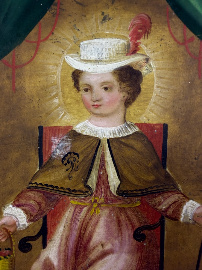 Antique Original Mexican Retablo Painting On Tin Depicting The Holy Child Of Atocha, The Christ Child 6.75 X 9.75 Framed 8 X 11.75 [Photo 3]