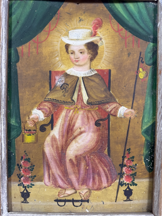 Antique Original Mexican Retablo Painting On Tin Depicting The Holy Child Of Atocha, The Christ Child 6.75 X 9.75 Framed 8 X 11.75 [Photo 2]