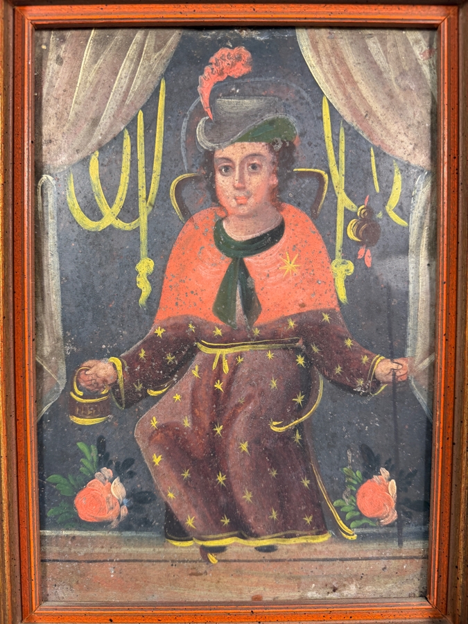Antique Original Mexican Retablo Painting On Tin Depicting The Catholic Figure Holy Child Of Atocha, The Christ Child 6.75 X 9.75 Framed 11 X 14 [Photo 2]