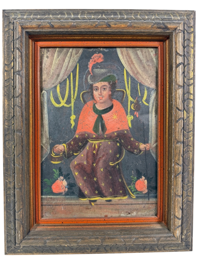 Antique Original Mexican Retablo Painting On Tin Depicting The Catholic Figure Holy Child Of Atocha, The Christ Child 6.75 X 9.75 Framed 11 X 14