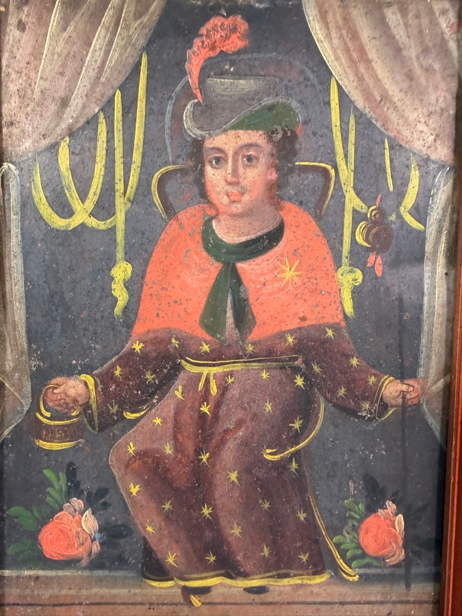 Antique Original Mexican Retablo Painting On Tin Depicting The Catholic Figure Holy Child Of Atocha, The Christ Child 6.75 X 9.75 Framed 11 X 14 [Photo 3]
