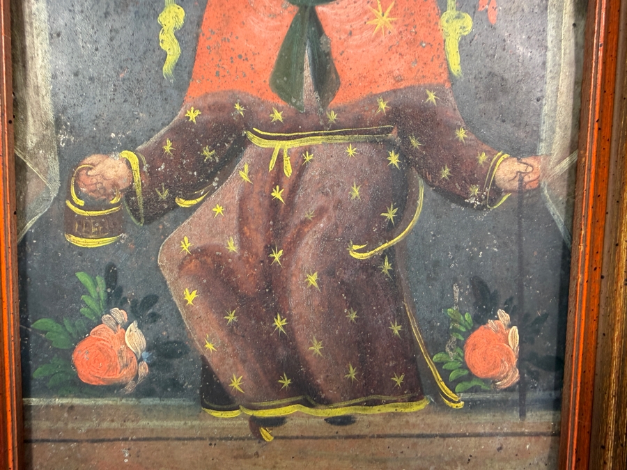 Antique Original Mexican Retablo Painting On Tin Depicting The Catholic Figure Holy Child Of Atocha, The Christ Child 6.75 X 9.75 Framed 11 X 14 [Photo 5]