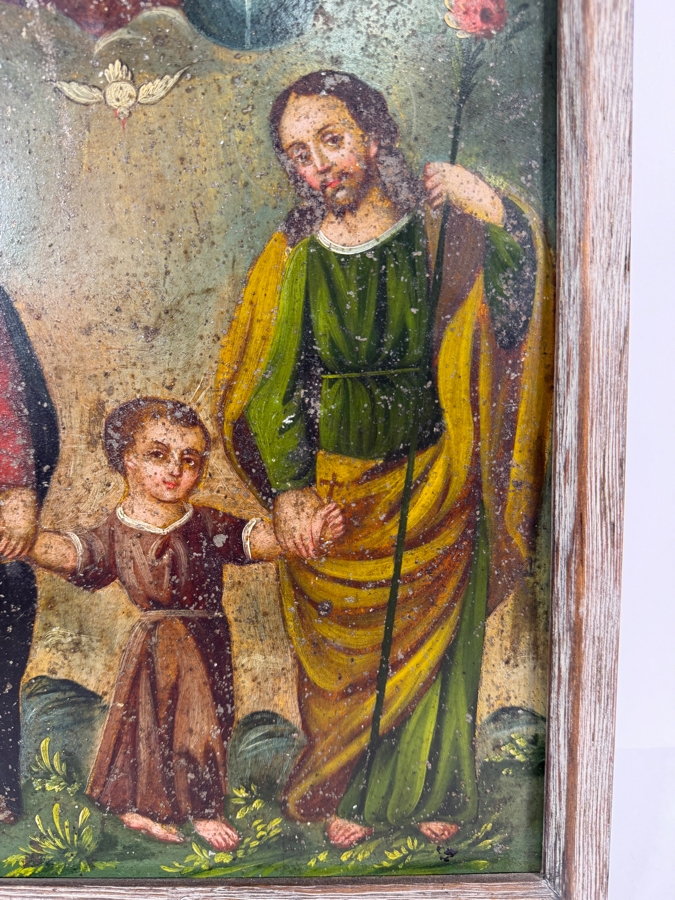 Antique 19th Century Original Mexican Retablo Painting On Tin Depicting The Holy Family With The Christ Child Held By The Virgin Mary And Saint Joseph With A Hovering Dove (God The Father) 9.75 X 13.75 Framed 11 X 15.5 [Photo 5]